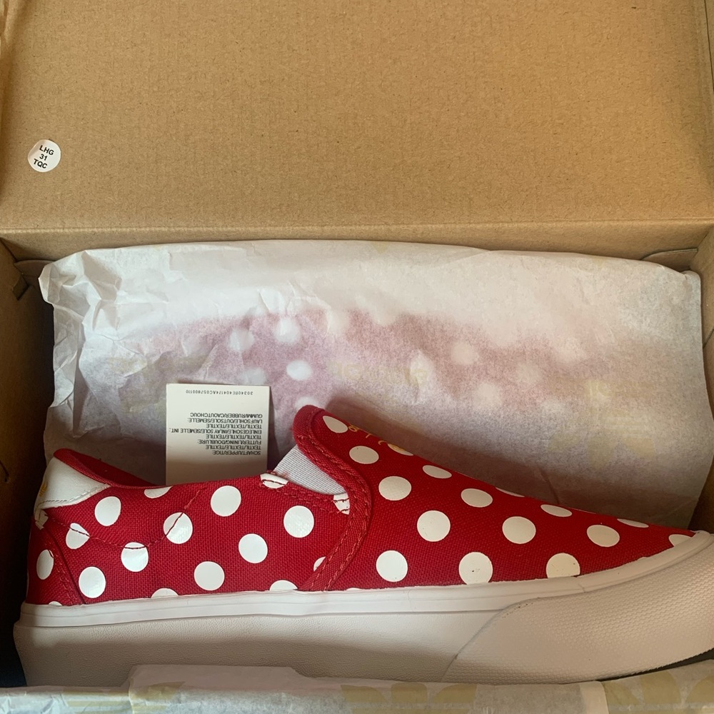 Red polka dot Adidas Minnie Mouse slip in sneakers.